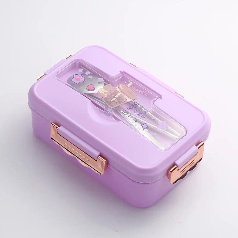 DecorBites™ Kids Cartoon Bento Lunch Box with Fork Spoon, Heated 3 Grid Sandwich Snack Box