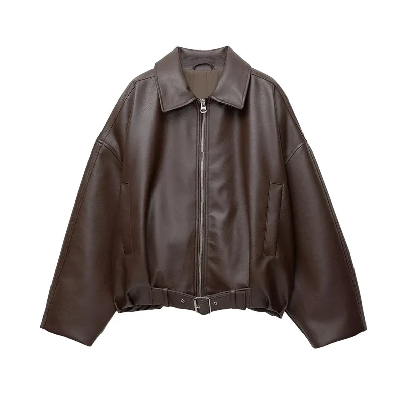Vintage PU Leather Bomber Jackets 2025 Autumn New Ladies Zipper Lapel Long Sleeve Pocket Coat With Belt Women's Loose Streetwear