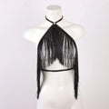 Women'S Black Tassel Halter Top-Adjustable Elastic Harness, All-Season Wear, Casual Attire Top,Tassel Detail Top