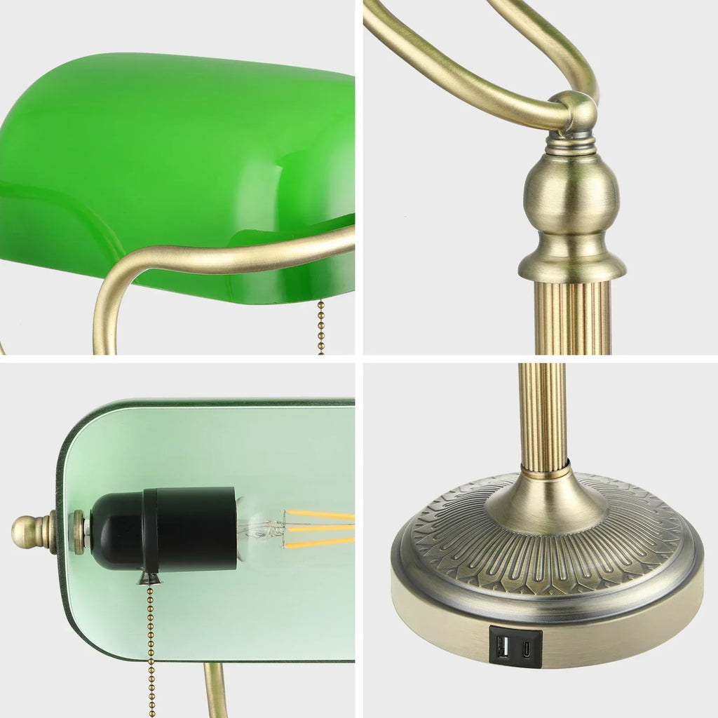 DecorBites™ Green Glass Bankers Desk Lamp with USB Charging Port and Pull Chain Switch