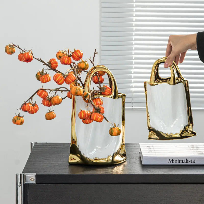 DecorBites™ Gold Handbag Vase: Creative Ceramic Floral Arrangement Terrarium Home Decor