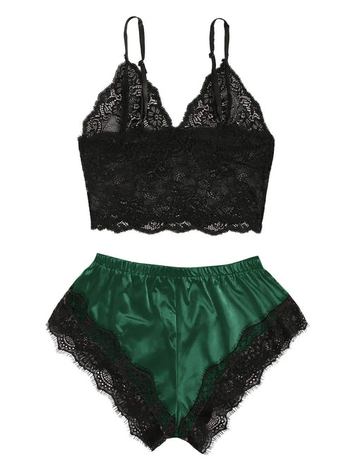 2PCS Women's Satin Pajama Set Lace Cami Top and Shorts Sexy Lingerie Sleepwear Summer Breathable Nightwear Black And Pink