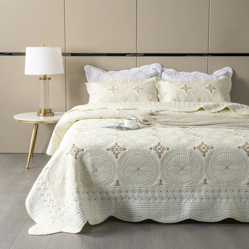 DecorBites™ Gold Embroidery Cotton Bohemia Quilt Set - 3PCS Coverlet & Pillowcase