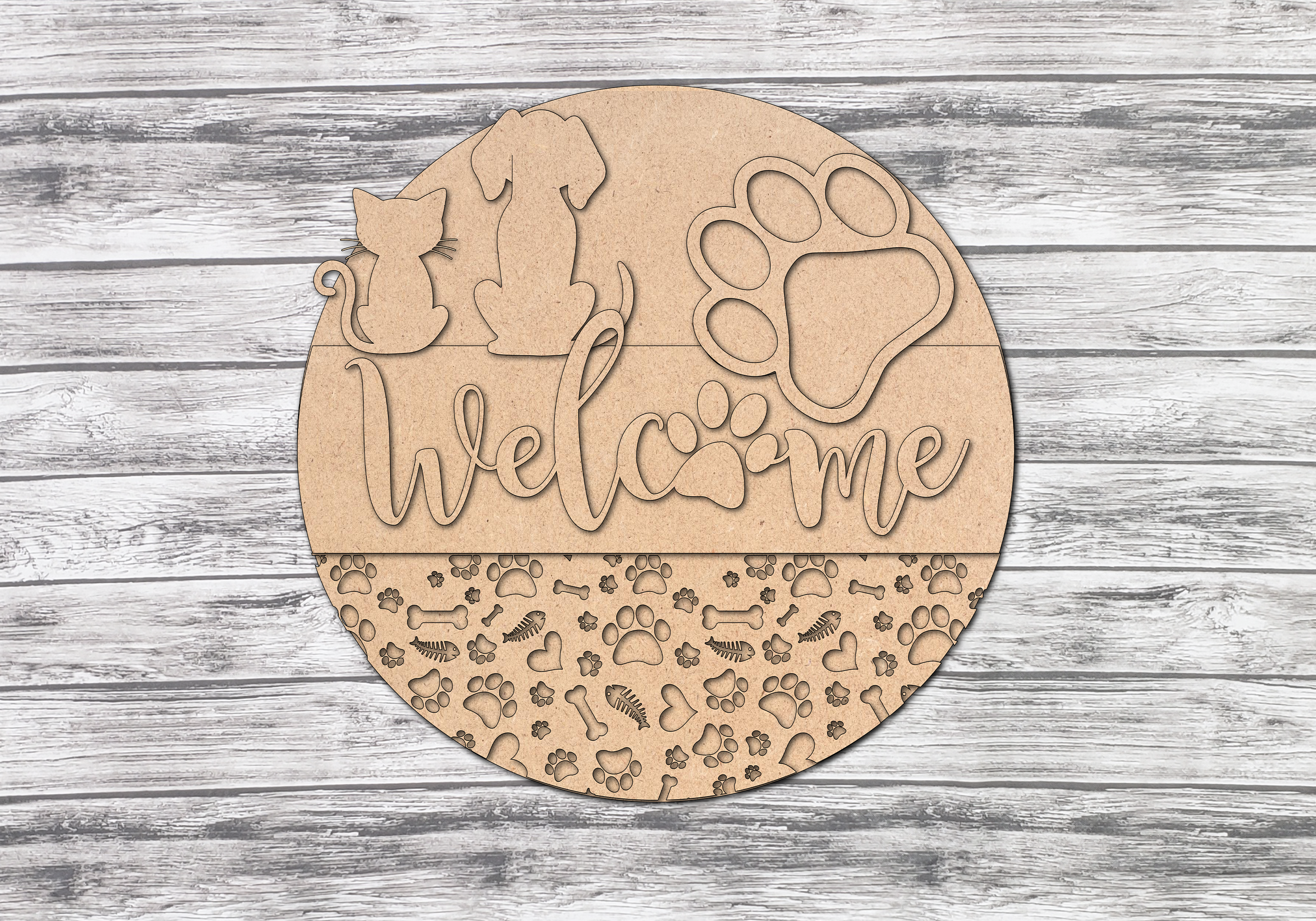Welcome Cat and Dog Paws Door Hanger Unfinished Kit
