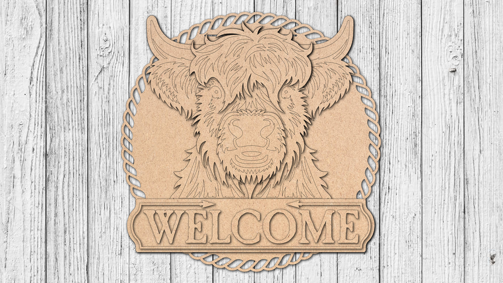 Welcome Highland Cow Happy Door Hanger - DIY Unfinished Kit - Lvl 3