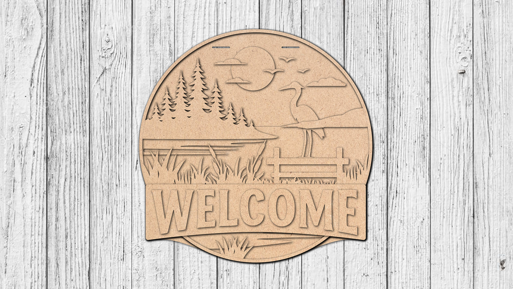 Welcome Lake with Crane Door Hanger - DIY Unfinished Kit - Lvl 2