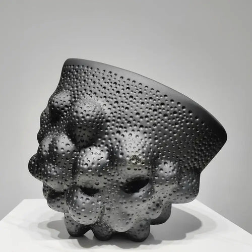 Abstract black ceramic pleated vase living room textured sculpture