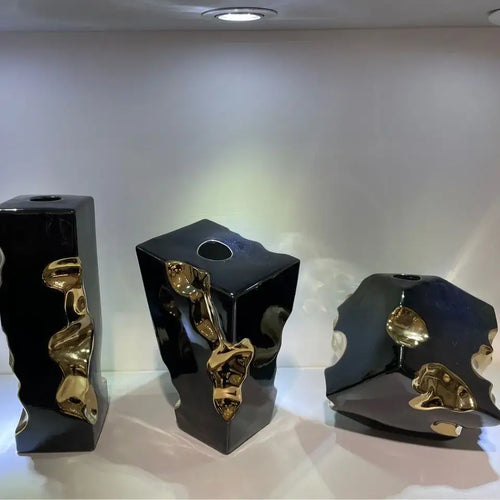 Abstract black & golden notch ceramic vase living room decor accessory