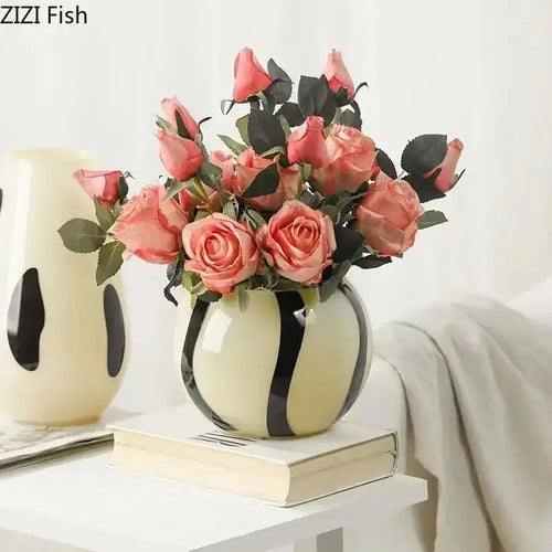 Abstract black stripes cream ceramic vase living room decor
