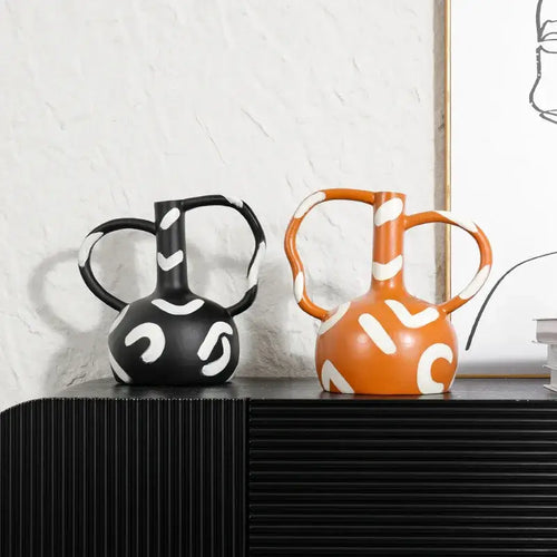 Abstract black & white geometric striped vase with abstract handle living room decor