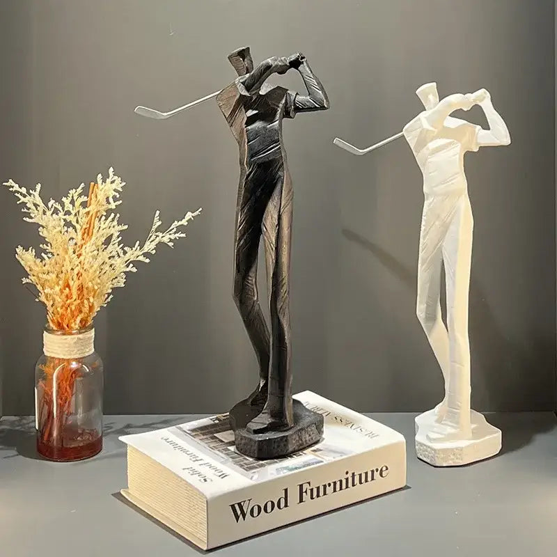Abstract black & white golf player sculpture living room decor