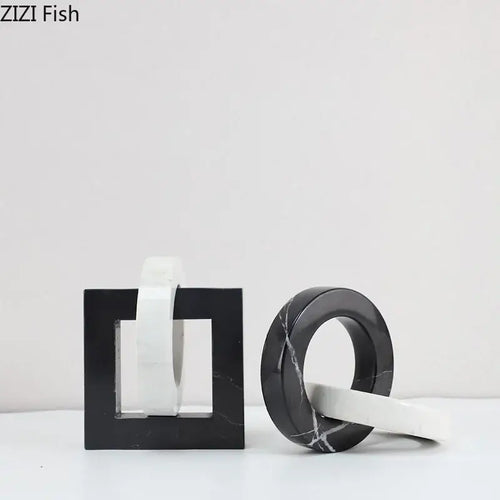 Abstract black & white marble geometric knot – living room square ring statue