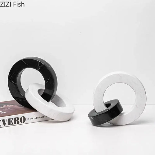 Abstract black & white marble round ring sculpture living room decor