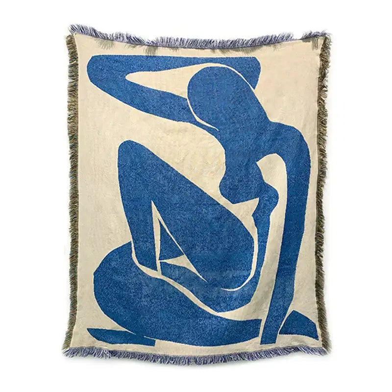 Abstract blue and beige geometric knitted tassels throw blanket bedroom