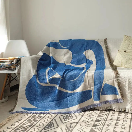 Abstract blue and beige geometric knitted tassels throw blanket bedroom