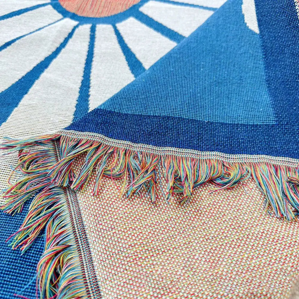 Abstract blue and beige geometric knitted tassels throw blanket bedroom
