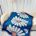 Abstract blue and beige geometric knitted tassels throw blanket bedroom