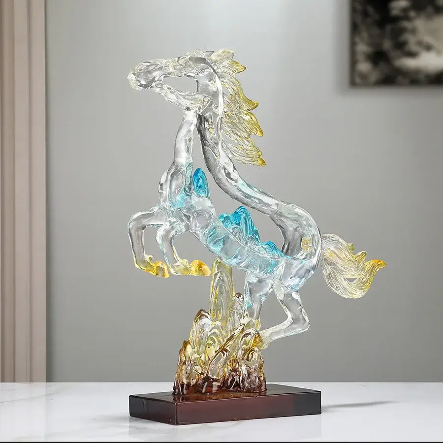 Abstract blue & gold crystal horse statue living room decor