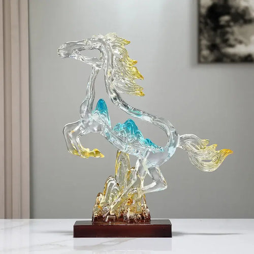 Abstract blue & gold crystal horse statue living room decor