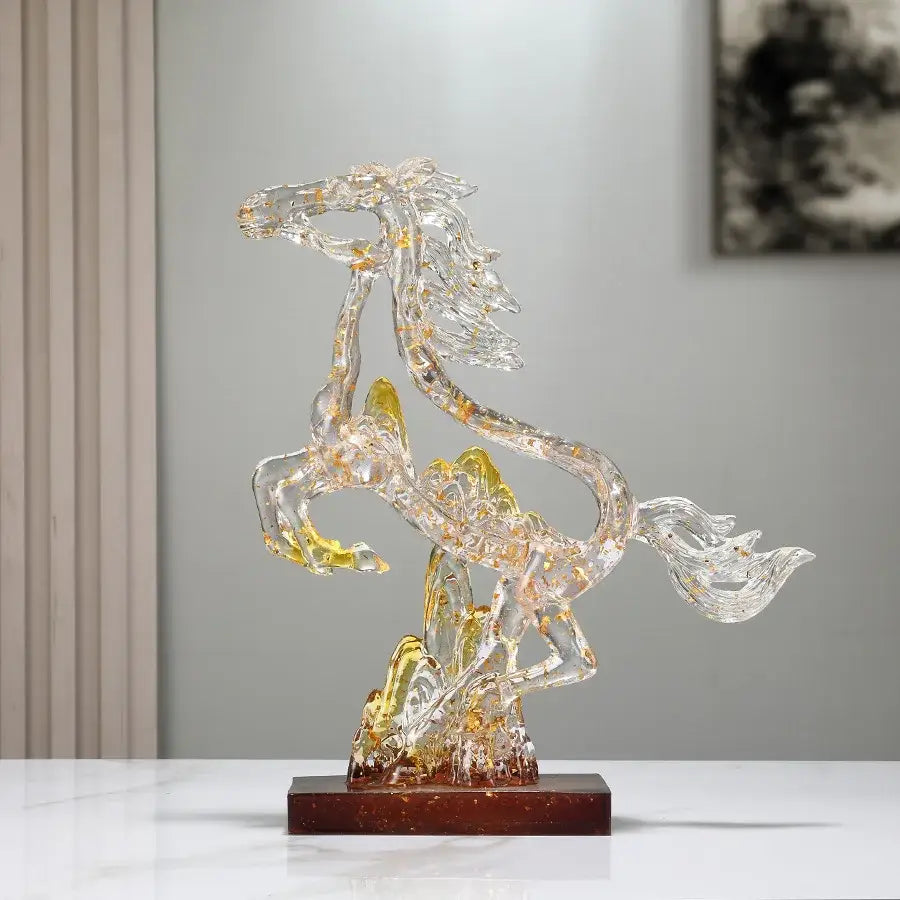 Abstract blue & gold crystal horse statue living room decor