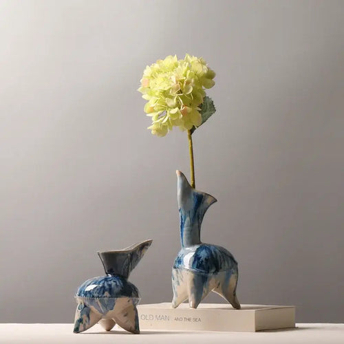 Abstract blue & white irregular ink pattern ceramic vase living room decor