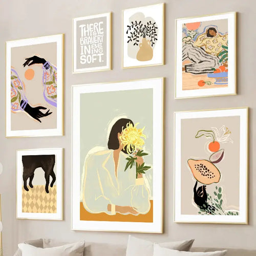 Abstract botanical and girl hand wall art set of 6 – living room decor