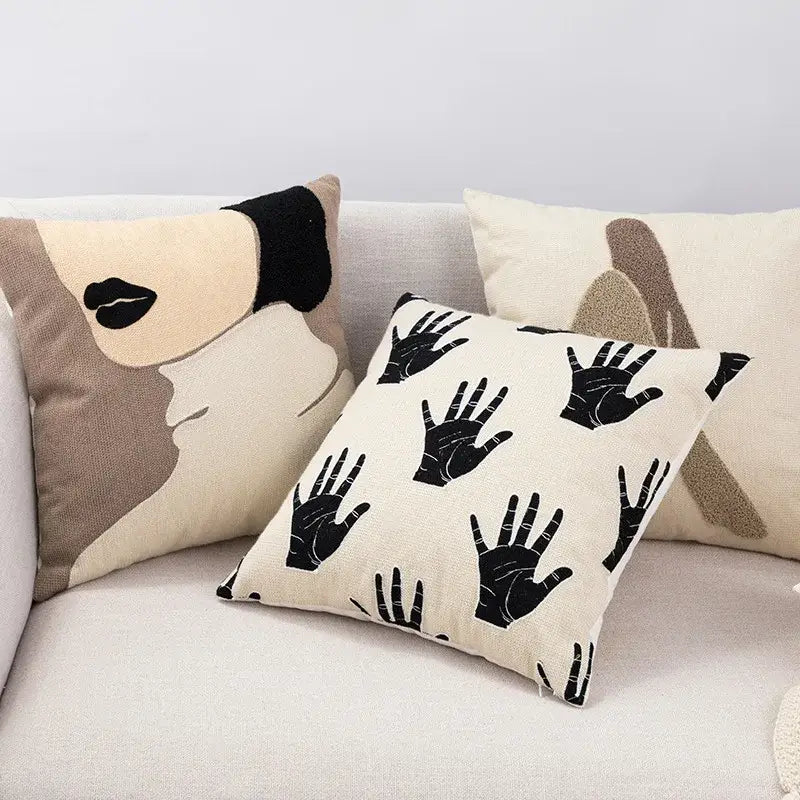 Abstract cream & black embroidered cotton cushion cover living room