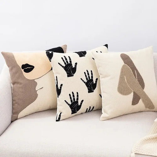 Abstract cream & black embroidered cotton cushion cover living room