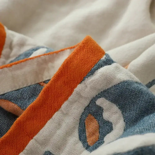 Abstract cream & blue cotton nordic throw blanket bedroom quilt