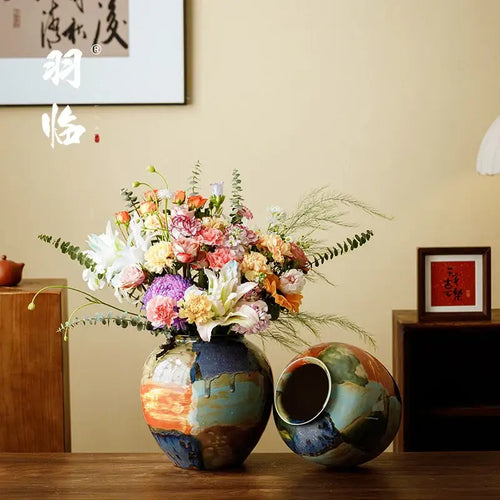 Abstract floral design hand-painted ceramic vase living room decor