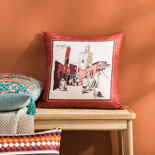 Abstract geometric cushion cover coral & teal bedroom tassel decor