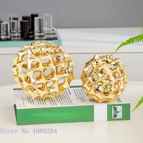 Abstract golden metal hollow ball spike ornaments living room decor