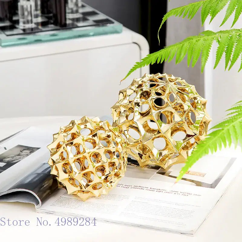 Abstract golden metal hollow ball spike ornaments living room decor