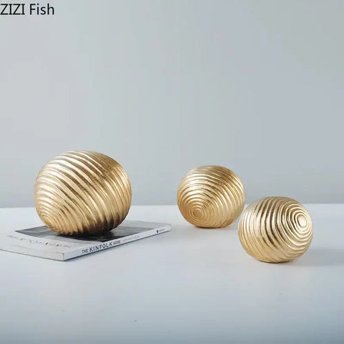 Abstract golden wave ball sculpture living room ribbed metal decor