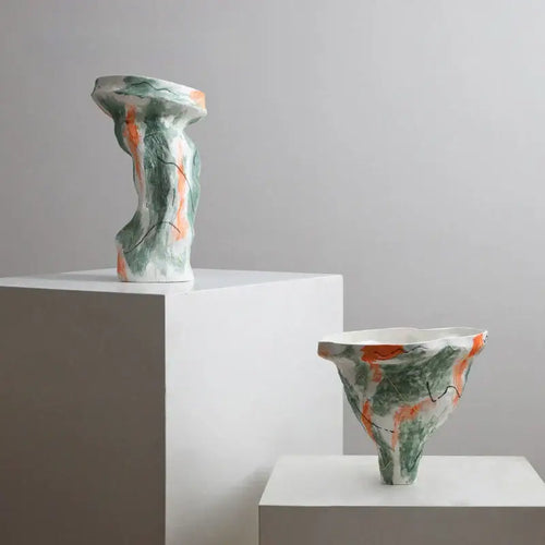 Abstract irregular pattern green & orange ceramic vases living room