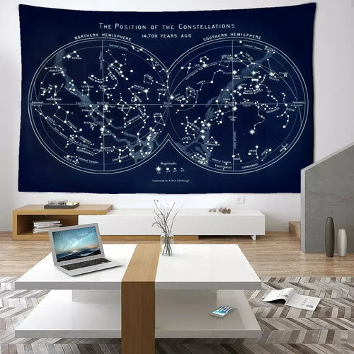 Abstract navy blue cosmic constellation compass tapestry bedroom decor