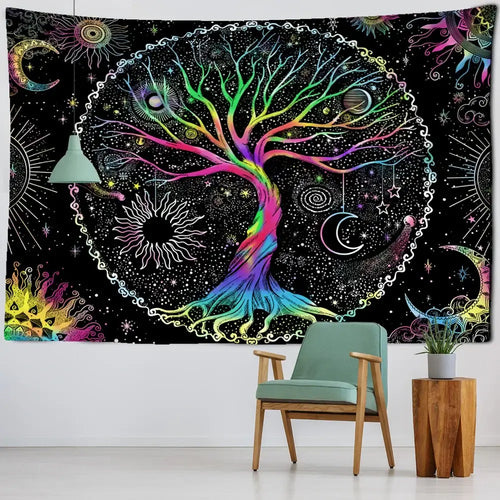 Abstract rainbow tree of life tapestry wall hanging living room art