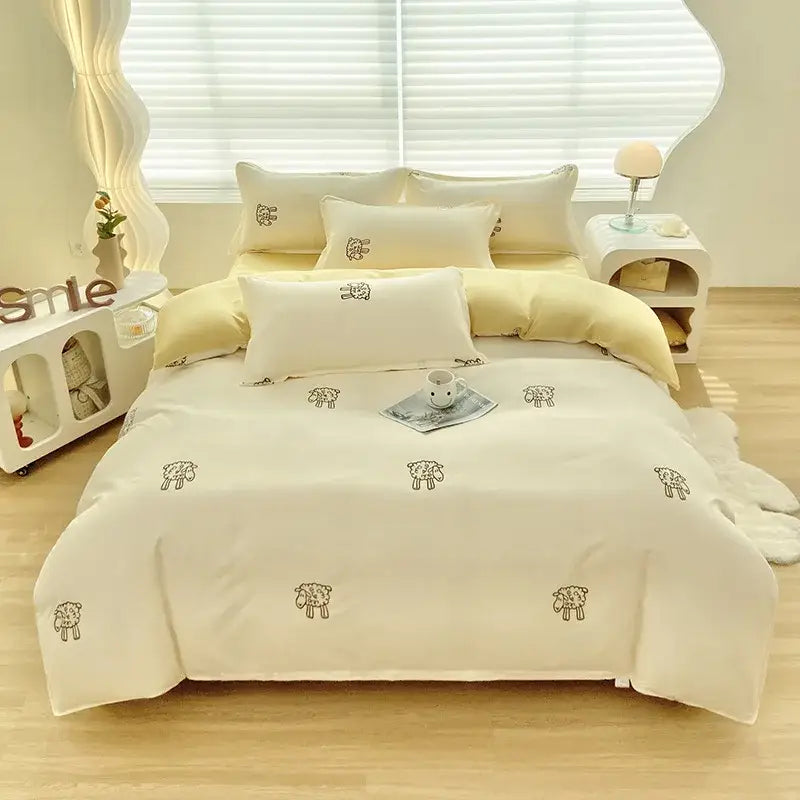 Abstract watercolor pastel green & yellow cute pattern duvet cover bedroom set