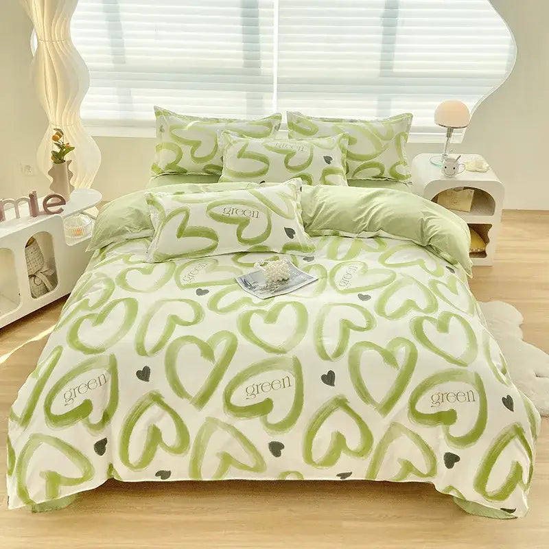Abstract watercolor pastel green & yellow cute pattern duvet cover bedroom set