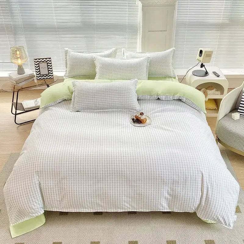 Abstract watercolor pastel green & yellow cute pattern duvet cover bedroom set