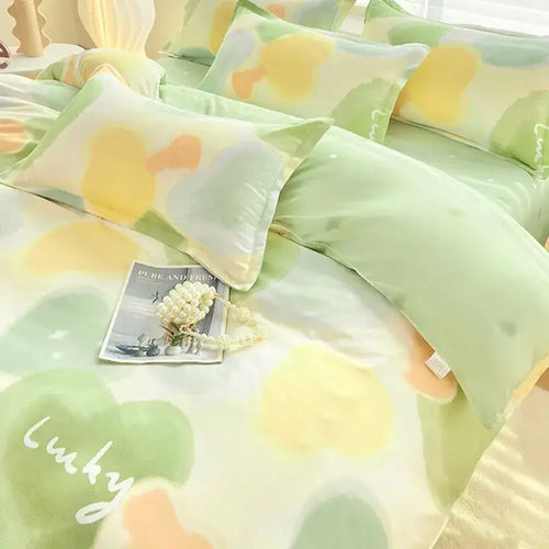 Abstract watercolor pastel green & yellow cute pattern duvet cover bedroom set