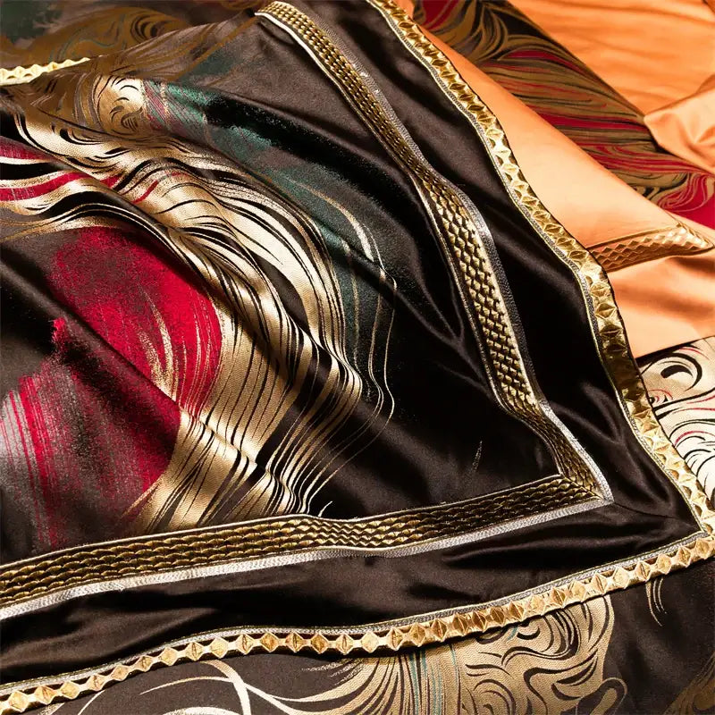 Abstract wave embroidered black satin duvet cover set bedroom decor
