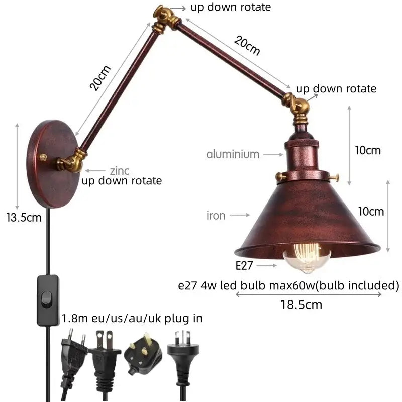 Adjustable brass gold long arm wall sconce bedroom reading light