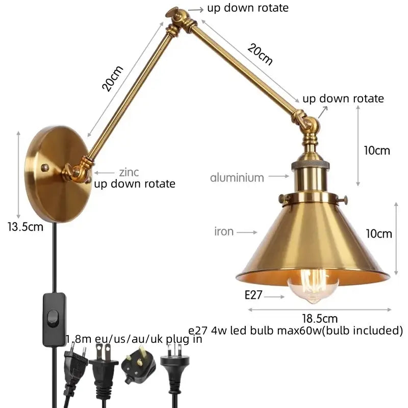 Adjustable brass gold long arm wall sconce bedroom reading light