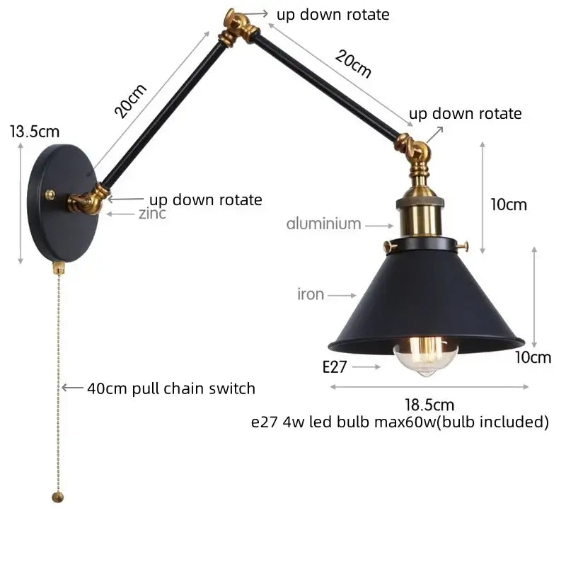 Adjustable brass gold long arm wall sconce bedroom reading light
