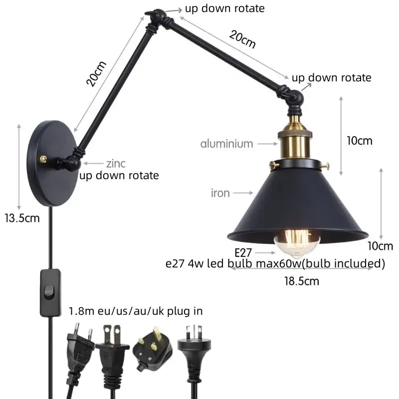 Adjustable brass gold long arm wall sconce bedroom reading light