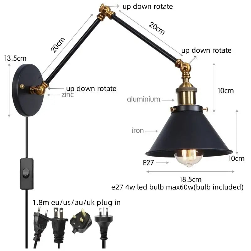 Adjustable brass gold long arm wall sconce bedroom reading light