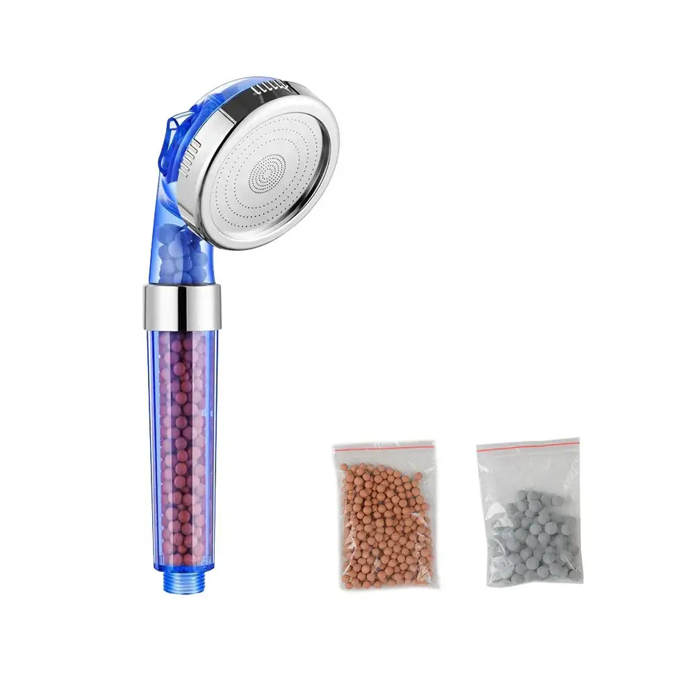 Adjustable shower head with chrome accents and filter beads bathroom