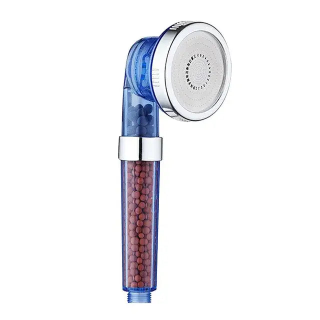 Adjustable shower head with chrome accents and filter beads bathroom