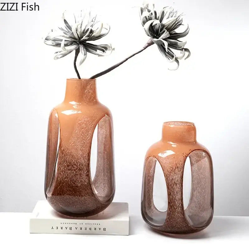 Amber & brown dual color glass vase living room hydroponic decor
